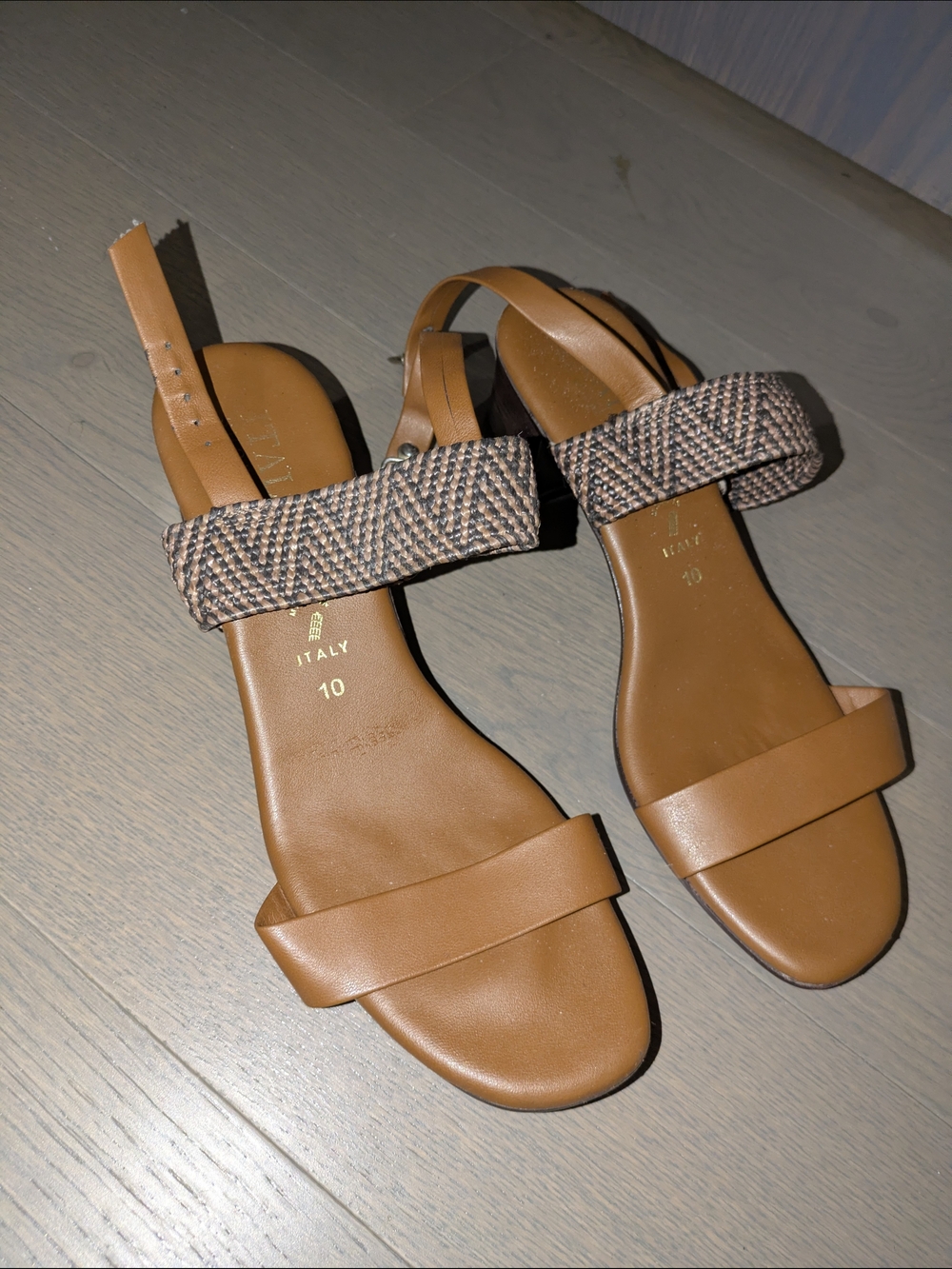 Women's Tan Leather Strap Sandals with Woven Ankle Band